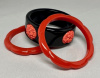 LG138 black lucite bangle with coral celluloid dots & pr coral lucite bangles